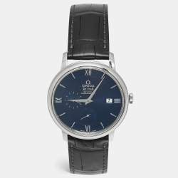 Pre Owned Omega Blue Stainless Steel Alligator De Ville Prestige 424.13.40.21.03.001 Men's Wristwatch 39 mm  