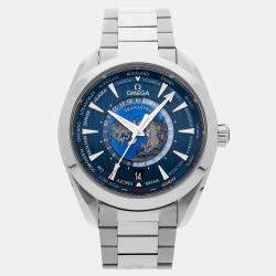 مملوكة مسبقًا ساعة يد رجالية أوميغا سيماستر أكوا تيرا 150M جي إم تي وورلدتايمر 220.10.43.22.03.001 أوتوماتيك ستانلس ستيل زرقاء 43 مم مستخدمة