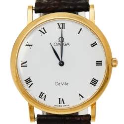Pre Owned Omega Vintage White 18K Yellow Gold & Leather De Ville 195.2378 Men's Wristwatch 32 mm