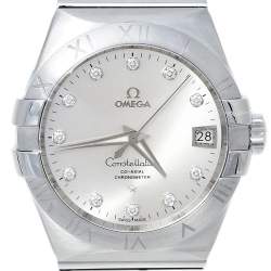 Pre Owned Omega Silver Diamond Stainless Steel Constellation Co-Axial 123.10.38.21.52.001 Men's Wristwatch 38 mm