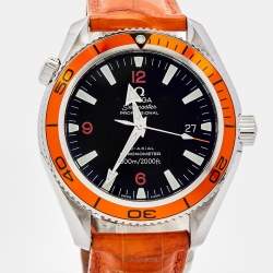 Omega Black Stainless Steel Embossed Leather Seamaster Planet Ocean 2909.50.38 Men's Wristwatch 40 mm