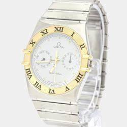 Pre Owned Omega White 18K Yellow Gold And Stainless Steel Constellation Day Date 396.1070 Men's Wristwatch 33 mm
