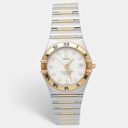 Pre Owned Omega White Diamond 18k Yellow Gold Stainless Steel Constellation 50th Anniversary 1304.35.00 Unisex Wristwatch 36 mm