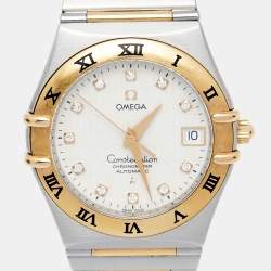 Pre Owned Omega White Diamond 18k Yellow Gold Stainless Steel Constellation 50th Anniversary 1304.35.00 Unisex Wristwatch 36 mm