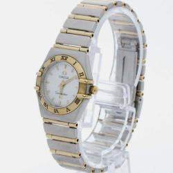 Omega White Shell 18k Yellow Gold Stainless Steel Constellation 1262.70 Quartz Men's Wristwatch 22 mm