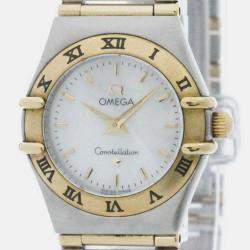 Omega White Shell 18k Yellow Gold Stainless Steel Constellation 1262.70 Quartz Men's Wristwatch 22 mm