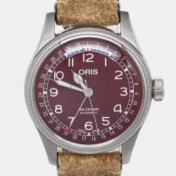 Pre Owned Oris Big Crown Pointer Date 01 754 7741 4068 Red Dial Stainless Steel Leather Men's Wristwatch 40 mm