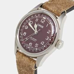Pre Owned Oris Big Crown Pointer Date 01 754 7741 4068 Red Dial Stainless Steel Leather Men's Wristwatch 40 mm