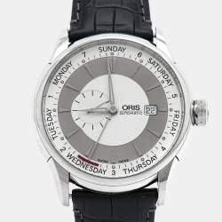 Oris Silver Stainless Steel Leather Artelier 7596 Pointer Day 2007 Men's Wristwatch 45 mm