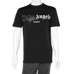 Pre Owned Palm Angels Black Sprayed Logo Printed Cotton Crewneck T-Shirt M