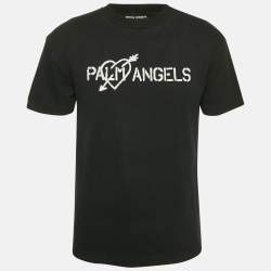 Palm Angels Black Logo Print and Heart Embroidery Cotton Crew Neck T-Shirt S
