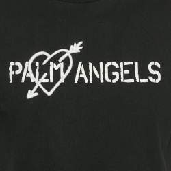 Palm Angels Black Logo Print and Heart Embroidery Cotton Crew Neck T-Shirt S