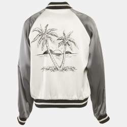 Palm Angels Grey Palm Embroidered Satin Zip-Up Bomber Jacket L