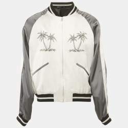 Palm Angels Grey Palm Embroidered Satin Zip-Up Bomber Jacket L