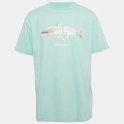 Pre Owned Palm Angels Gnawed Blue Shark Print Cotton T-Shirt XL 