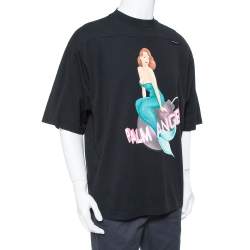 Pre Owned Palm Angels Black Cotton Logo & Mermaid Printed Crewneck Paneled T-shirt M