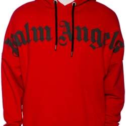 Palm Angels Red Cotton Logo Printed Hoodie M
