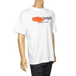 Pre Owned Palm Angels White Cotton Sprayed Logo Printed Crewneck T-Shirt L