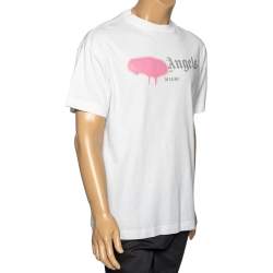 Pre Owned Palm Angels White Cotton Sprayed Logo Printed Crewneck T-Shirt L
