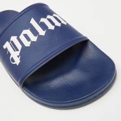 Palm Angels Blue Leather Logo Flat Slides Size 45