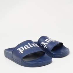 Palm Angels Blue Leather Logo Flat Slides Size 45