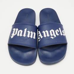 Palm Angels Blue Leather Logo Flat Slides Size 45