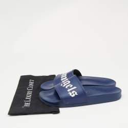 Palm Angels Blue Leather Logo Flat Slides Size 45