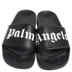 Palm Angels Black Leather Logo Pool Slides Size 42