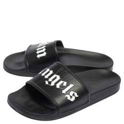 Palm Angels Black Leather Logo Pool Slides Size 42