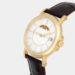 Pre Owned Patek Philippe Calatrava 5153j-001 Automatic White 18k Yellow Gold Men's Wristwatch 38 mm