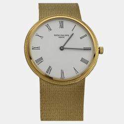 Pre Owned Patek Philippe Calatrava 3954/001 Quartz White Dial 18K Yellow Gold Men's Wristwatch 33 mm