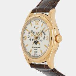 Pre Owned باتيك فيليب كومبليكشينز تقويم سنوي مراحل القمر 5146J-001 كريمي أوتوماتيك 18 قيراط ذهب وردي ساعة يد رجالية 39 ملم مملوكة مسبقاً