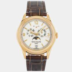 Pre Owned Pre-Owned Patek Philippe Complications Annual Calendar Moon Phases 5146J-001 Cream Automatic 18k Rose Gold Men's Wristwatch 39 MM