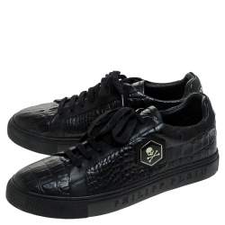 Philipp Plein Black Croc Embossed Leather Tusk Lace Up Sneakers Size 43