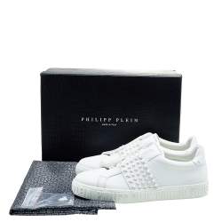 Philipp Plein White Leather Stars Embellished Low Top Sneakers Size 42.5