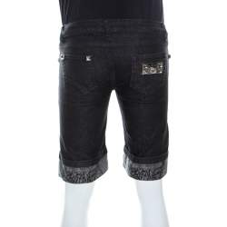 Pre Owned Philipp Plein Black Denim Medium Wash Printed Turn-Up Detail Shorts S
