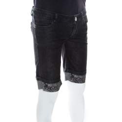 Pre Owned Philipp Plein Black Denim Medium Wash Printed Turn-Up Detail Shorts S