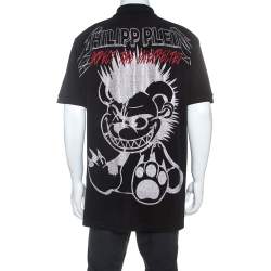 Pre Owned Philipp Plein Black Cotton Printed Crystal Detail Polo T-Shirt 3XL