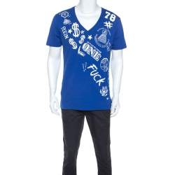Pre Owned Philipp Plein Printed Blue V Neck Money T-Shirt