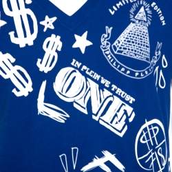 Pre Owned Philipp Plein Printed Blue V Neck Money T-Shirt