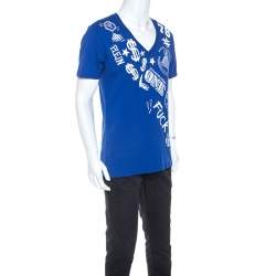 Pre Owned Philipp Plein Printed Blue V Neck Money T-Shirt