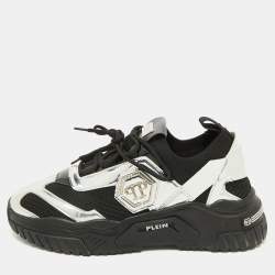Philipp Plein Black/Silver Patent Leather and Knit Fabric Low top Sneakers Size 43