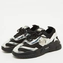 Philipp Plein Black/Silver Patent Leather and Knit Fabric Low top Sneakers Size 43