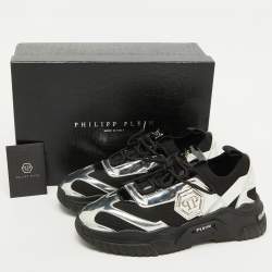Philipp Plein Black/Silver Patent Leather and Knit Fabric Low top Sneakers Size 43