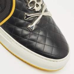 Pre Owned Philipp Plein Black Quilted Leather Skull Slip On Sneakers Size 44
