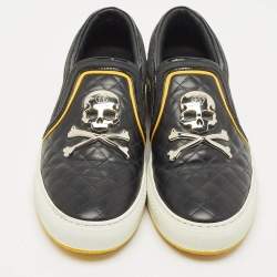 Pre Owned Philipp Plein Black Quilted Leather Skull Slip On Sneakers Size 44