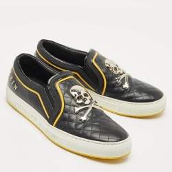 Pre Owned Philipp Plein Black Quilted Leather Skull Slip On Sneakers Size 44