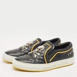 Pre Owned Philipp Plein Black Quilted Leather Skull Slip On Sneakers Size 44