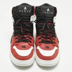 Pre Owned Philipp Plein Red Leather and Suede Phantom Kicks High Top Sneakers Size 42