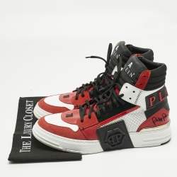 Pre Owned Philipp Plein Red Leather and Suede Phantom Kicks High Top Sneakers Size 42